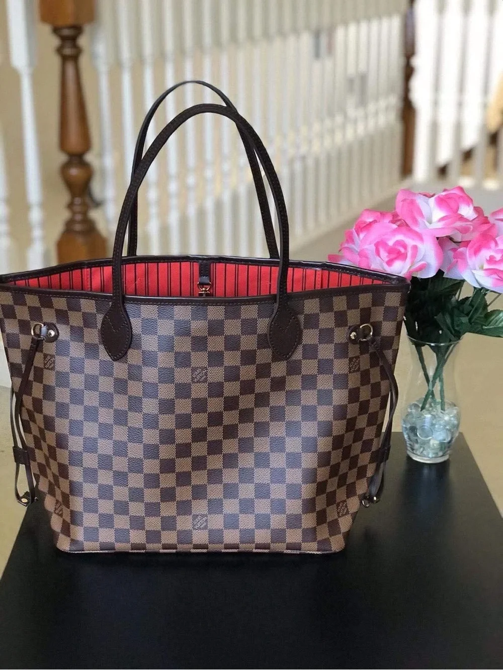 Louis Vuitton Brown Damier Tote with Red Interior